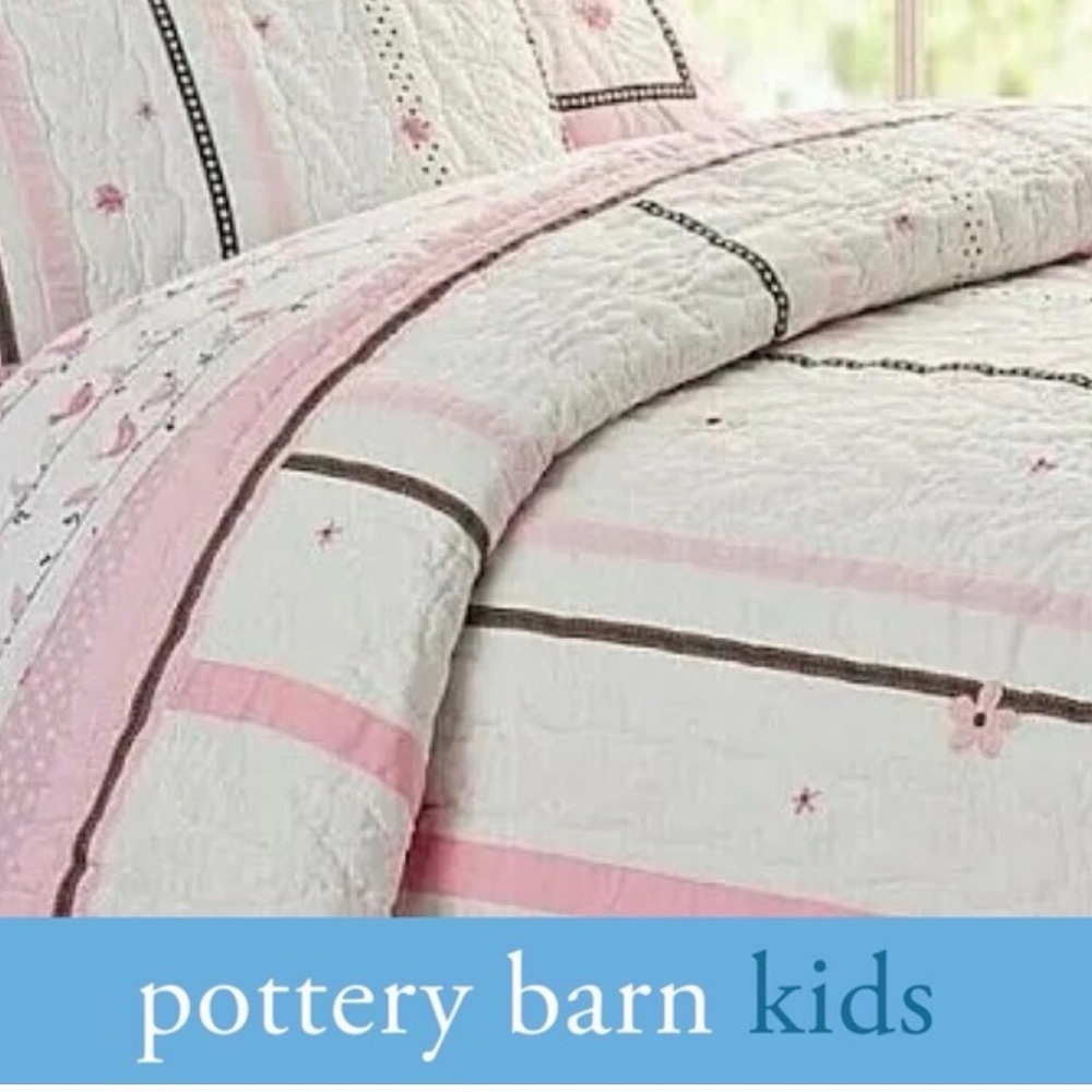 Pottery Barn Kids Pink, White and Brown Twin Quilted Coverlet with 1 Sham